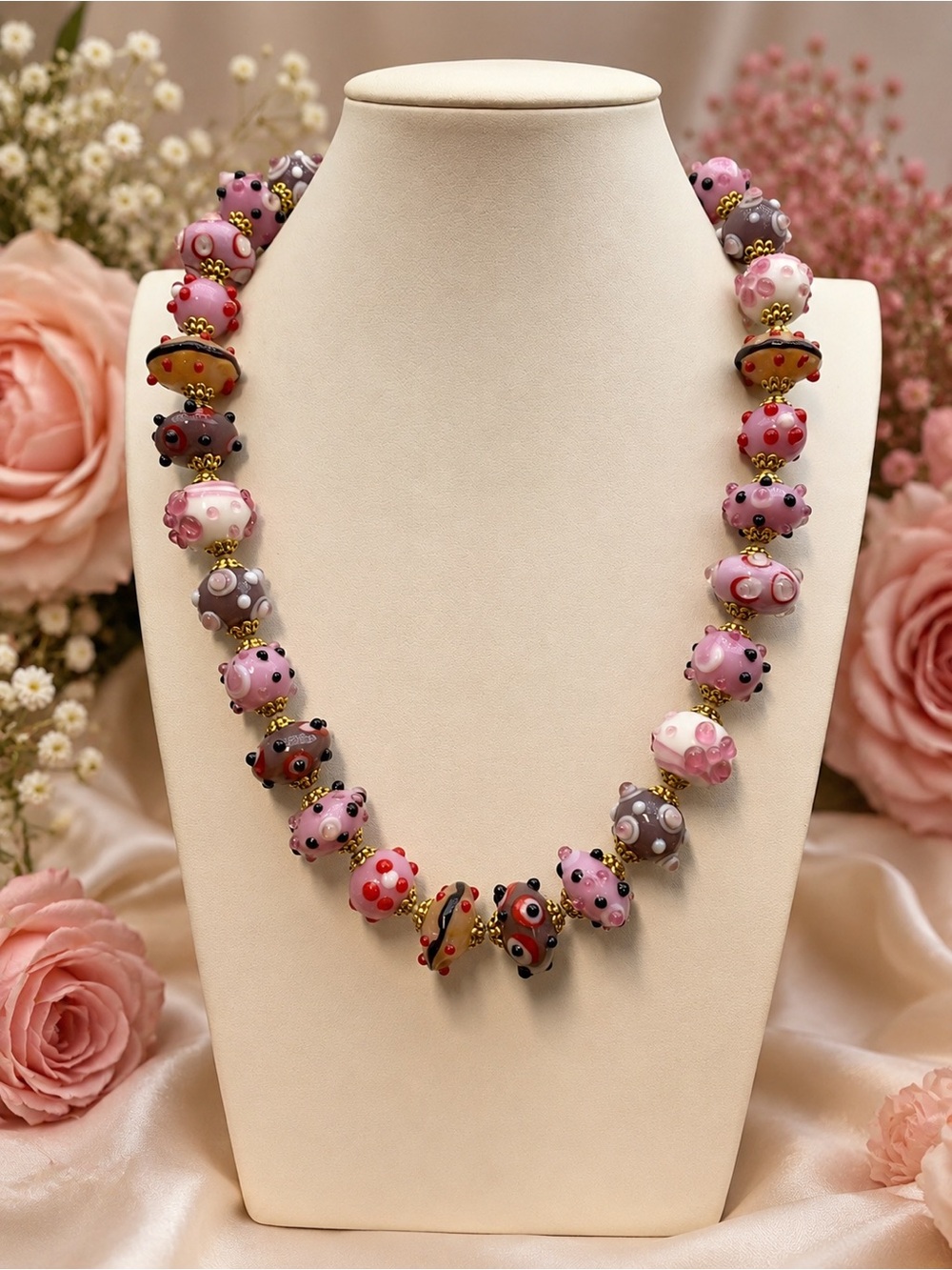 2 FLASH Pink Lampwork Glass 22" Hand Knotted Aprilsplace Original